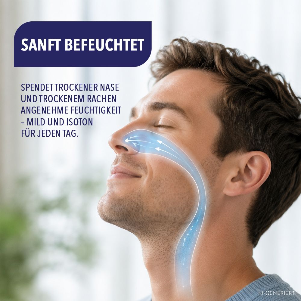 Mann atmet tief ein. IEA Medical Kochsalzlösung befeuchtet Nase und Rachen sanft und mild.