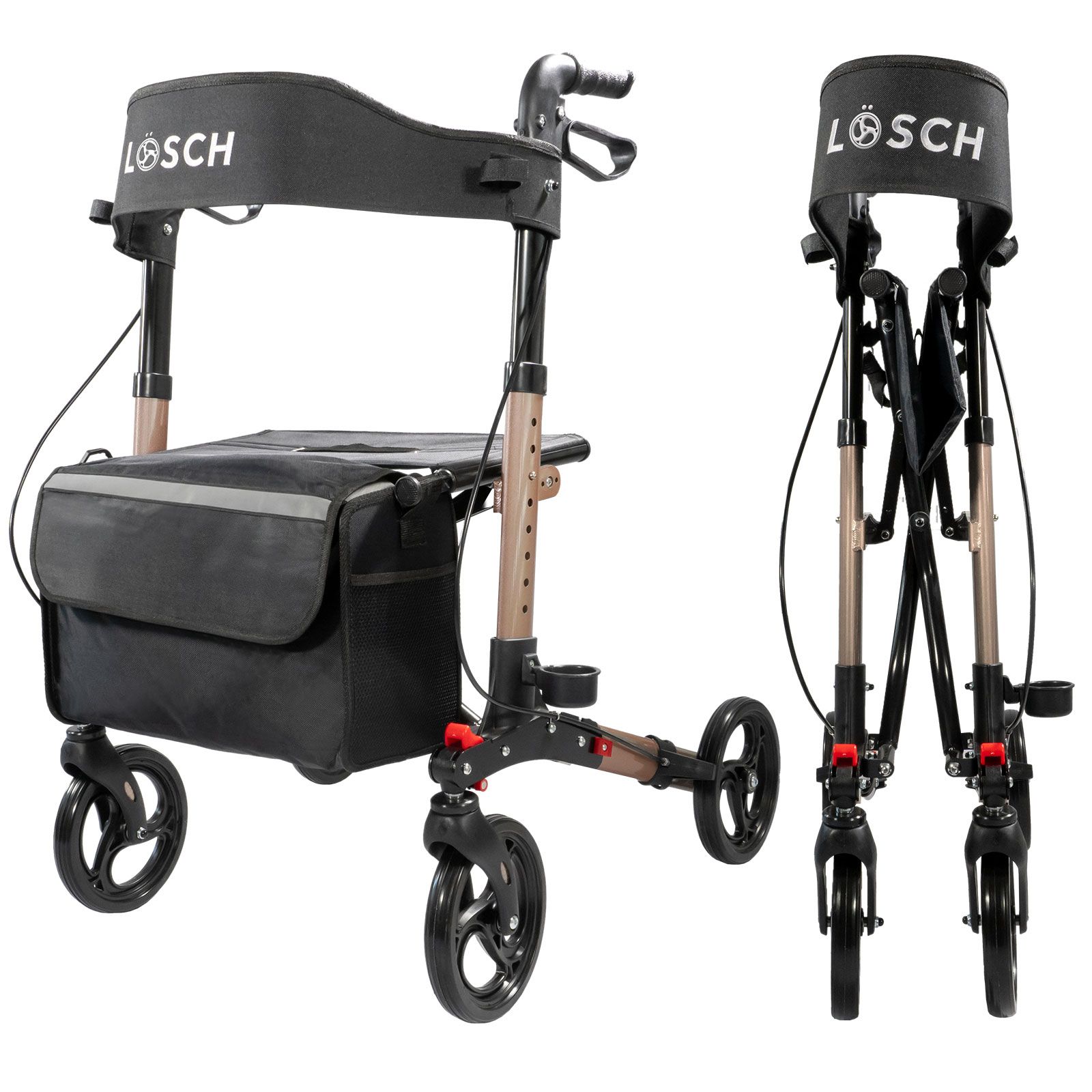 Rollator mit schwarzem Sitz und Tasche, zusammengeklappt und offen. Marke LÖSCH auf der Rückenlehne.