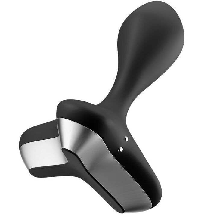 Schwarzer Analvibrator, Nahaufnahme. Ovale Spitze, silberfarbener Sockel. Zwei kleine Punkte. Ergonomische Form. Glatte Oberfläche.