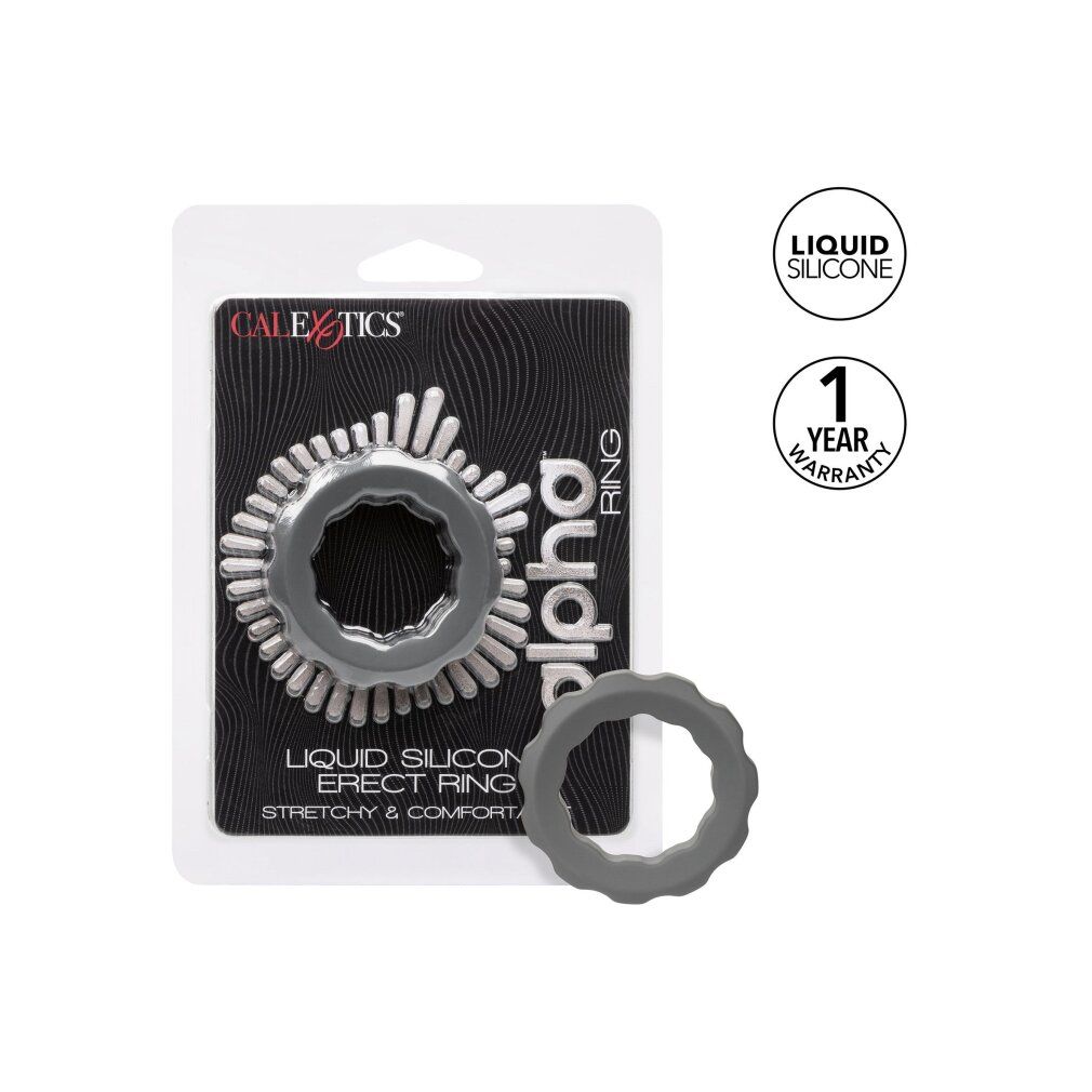 Grauer Silikon-Erektionsring in Blisterverpackung mit separatem Ring.