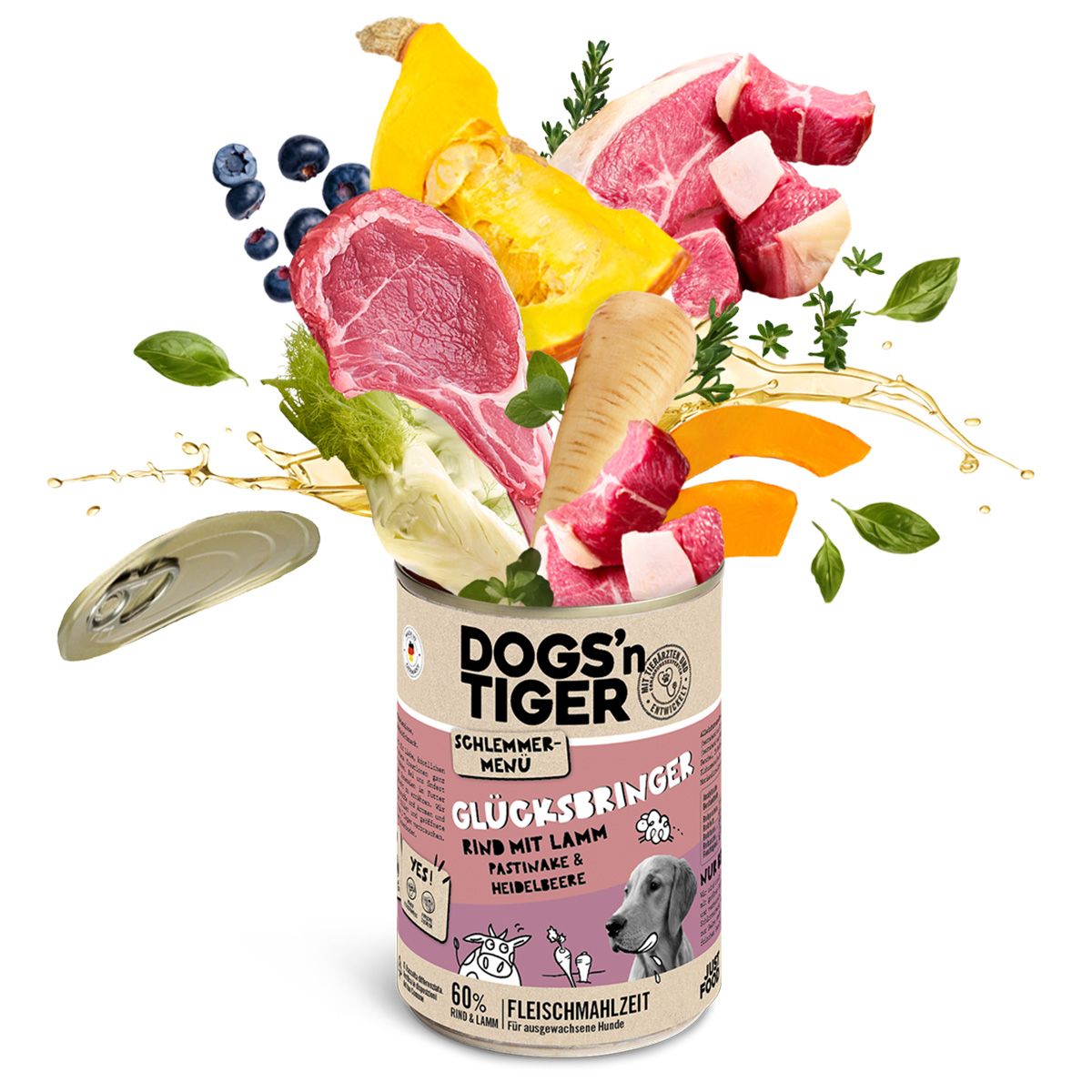 Geöffnete Dose mit Zutaten: Rindfleisch, Kürbis, Blaubeeren, Pastinake, Fenchel. Text: DOGS'N TIGER, Glücksbringer, Rind mit Lamm, 60% Fleischmahlzeit.
