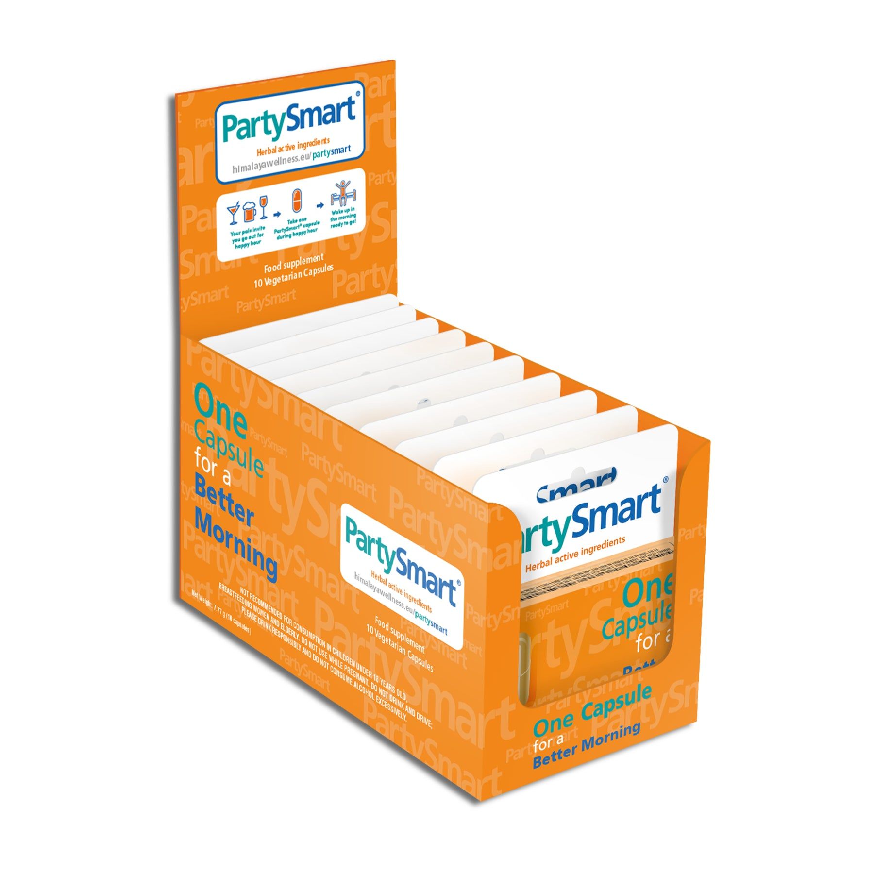 Orangefarbene Verkaufsbox mit Himalaya Partysmart-Verpackungen. Aufschrift: PartySmart, One Capsule for a Better Morning.