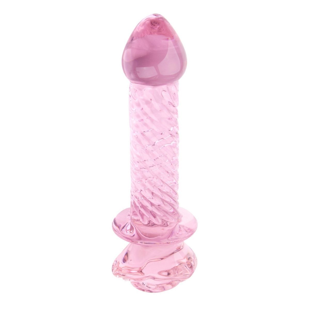 Rosa Glasstab mit geriffelter Oberfläche und blütenförmigem Griff. Auf weißem Hintergrund.