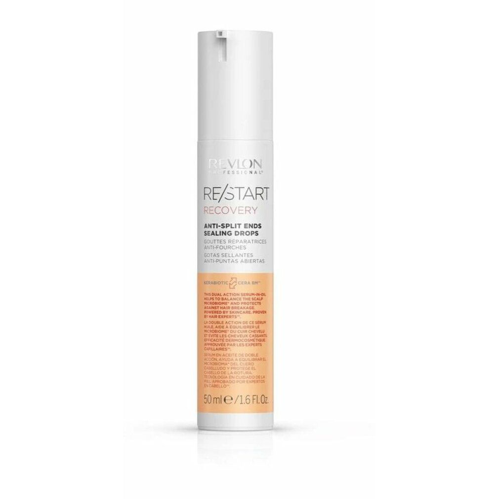 Weiß-orange Flasche mit Produkttext: RE/START RECOVERY Anti-Split Ends Sealing Drops. 50ml/1.6 fl.oz.