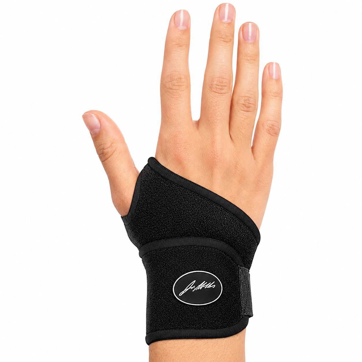 Handgelenkbandage mit Klettverschluss und Logo.