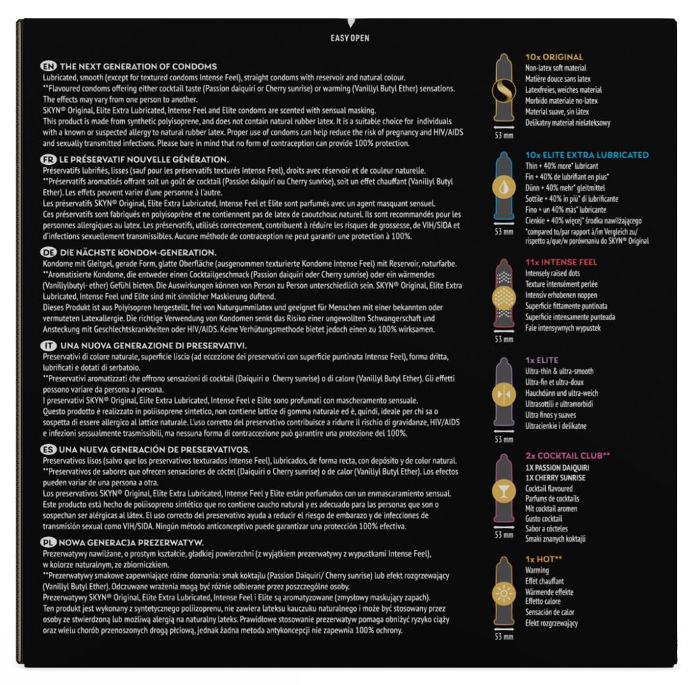 Textseite mit Produktinformationen zu SKYN Kondomen. Enthält Details zu verschiedenen Varianten.