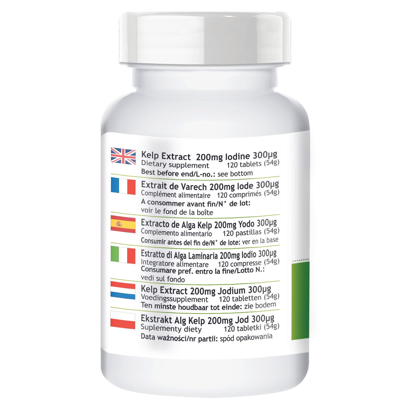 Rückseite der Pillenflasche. Mehrsprachige Angaben zu Inhaltsstoffen und Dosierung. Enthält 120 Tabletten. Mindesthaltbarkeitsdatum.