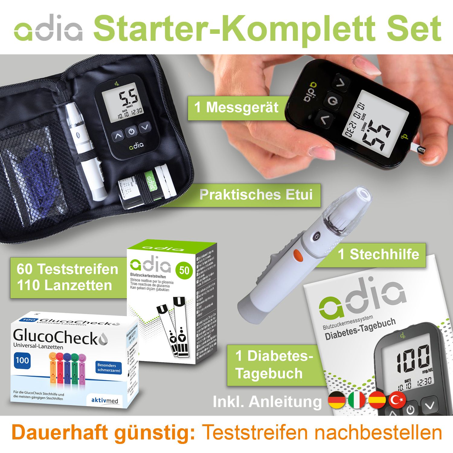 adia Blutzuckerteststreifen (60 Stück) mit Messgerät (mmol/L) und 110 Lanzetten als Komplett-Set