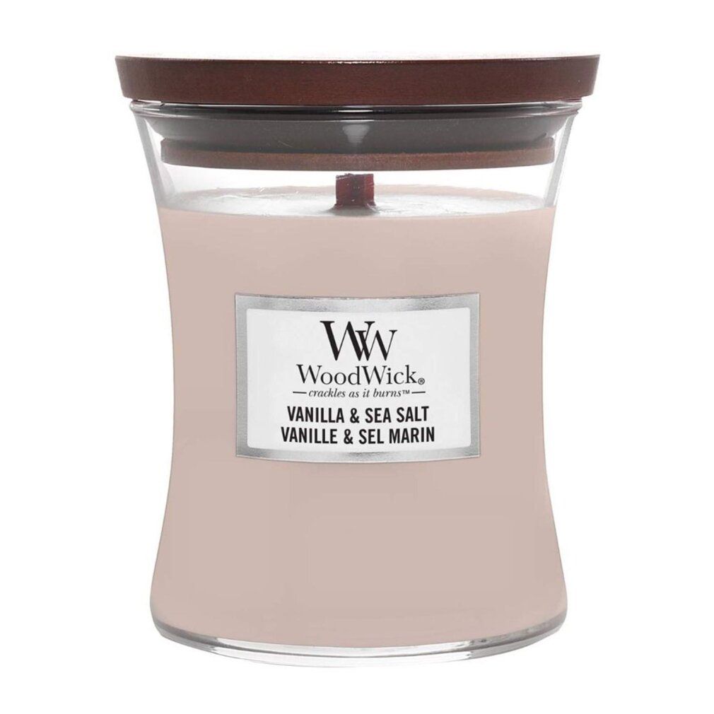 Sanduhrförmige Kerze mit Deckel. Aufkleber mit "WoodWick" und "Vanilla & Sea Salt".