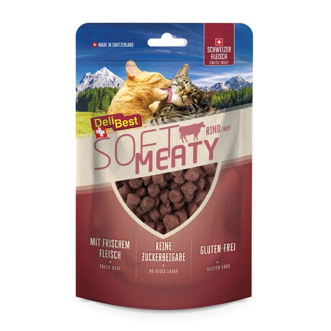 Verpackung von DeliBest Soft Meaty Feuchte Snacks Rind. Abbildung von Katzen und Berge. Text: Mit frischem Fleisch, keine Zuckerbeigabe, glutenfrei.