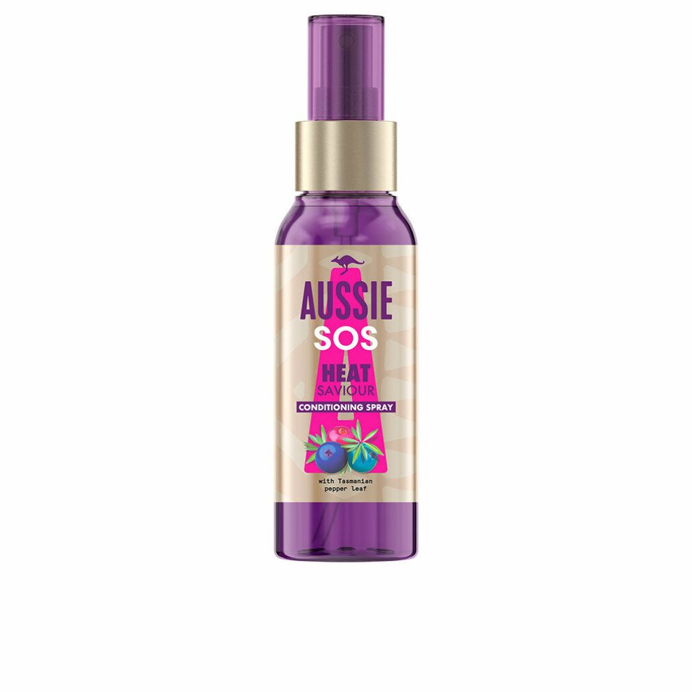Lila Sprühflasche mit goldfarbenem Hals und Pumpspender. Etikett mit 'Aussie SOS Heat Saviour Conditioning Spray'.