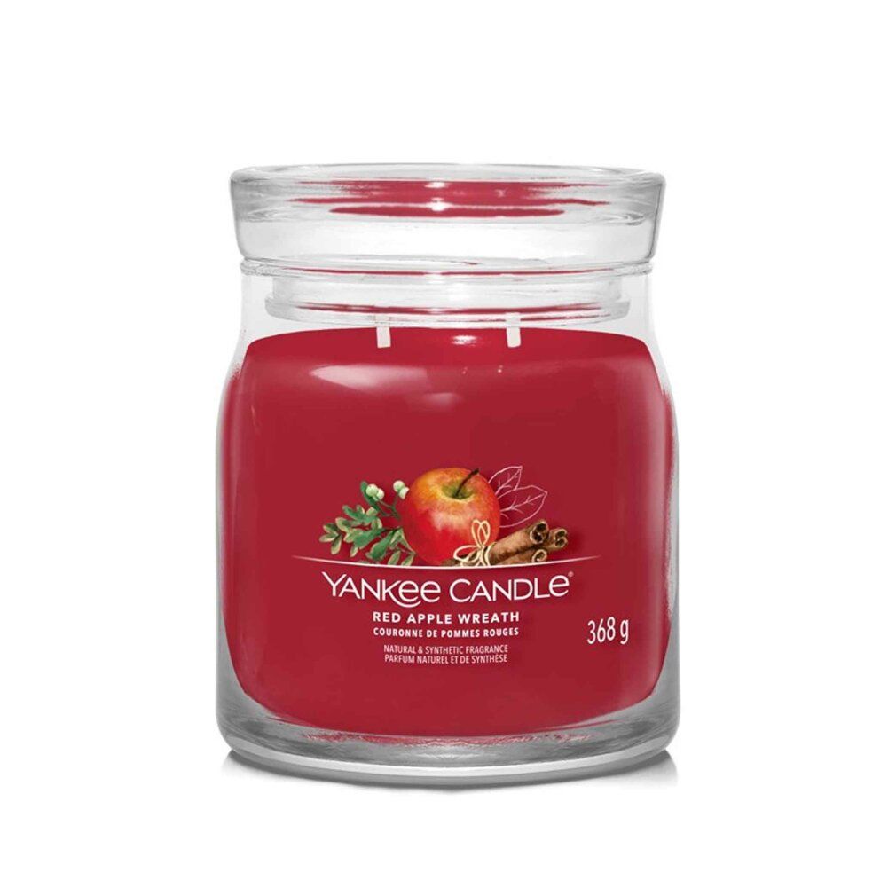 Rote Kerze im Glas mit Deckel. Aufschrift: Yankee Candle, Red Apple Wreath. Gewicht: 368 g. Abbildung: Apfel, Zimt.