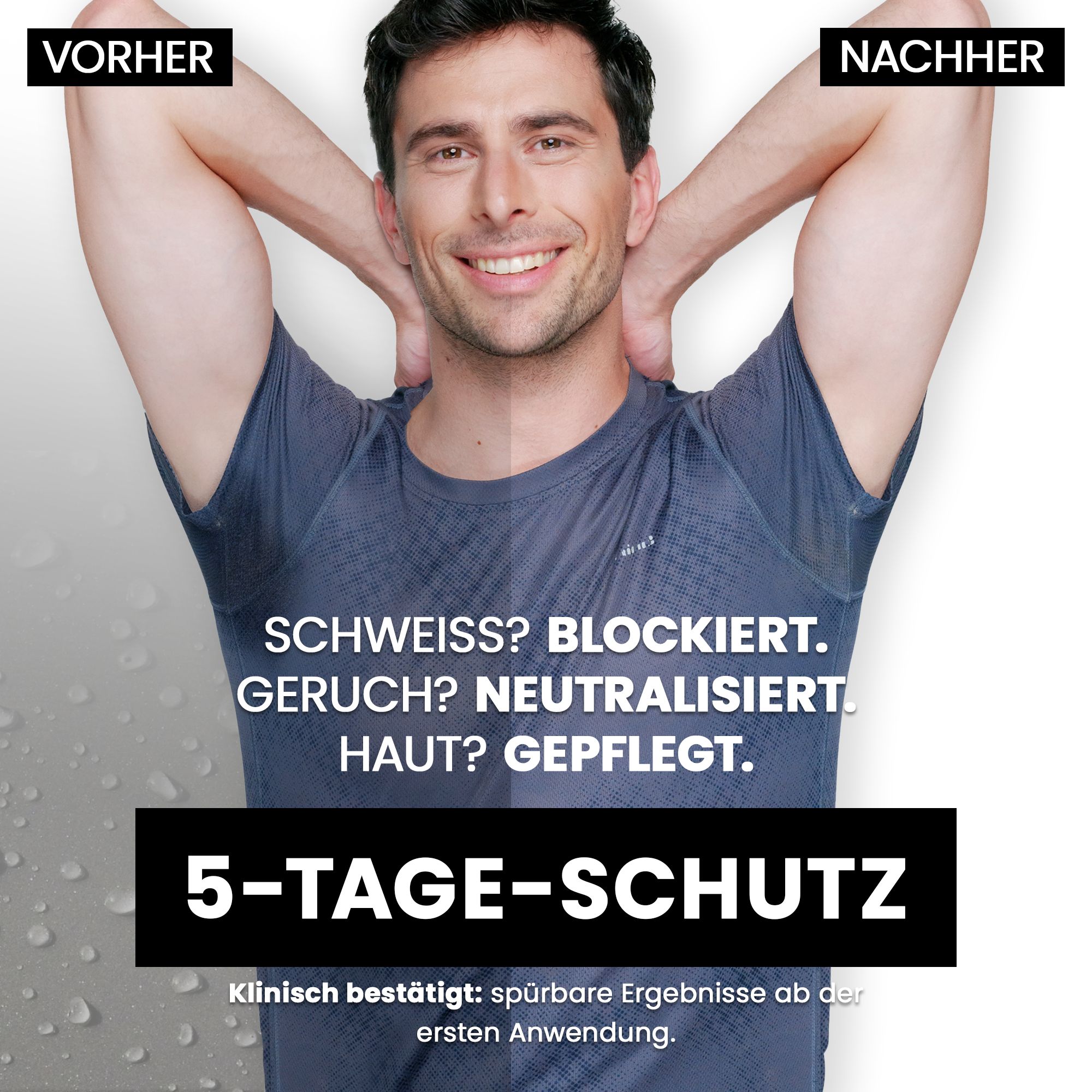 Mann mit erhobenen Armen. Text: 'SCHWEISS? BLOCKIERT. GERUCH? NEUTRALISIERT. HAUT? GEPFLEGT.' '5-TAGE-SCHUTZ'.