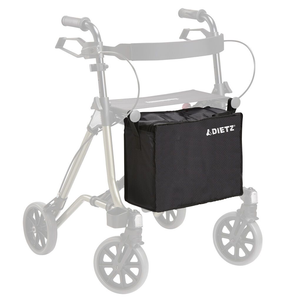 Schwarze Tasche für Rollator. Mit DIETZ-Logo. An einem Rollator befestigt.