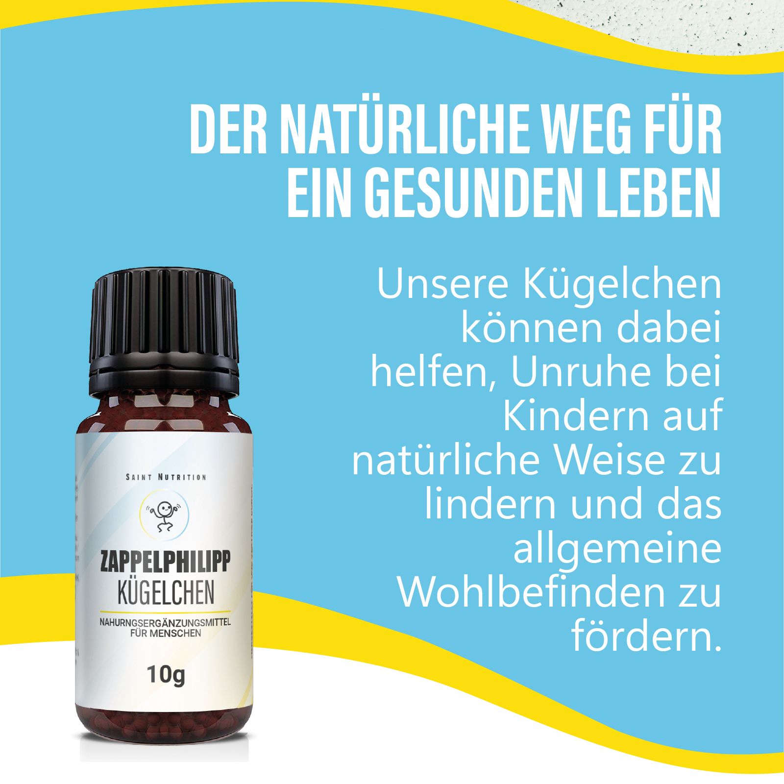 Braune Glasflasche mit schwarzem Deckel. Auf dem Etikett steht "Zappelphilipp Kügelchen" und "10g". Hintergrund blau.