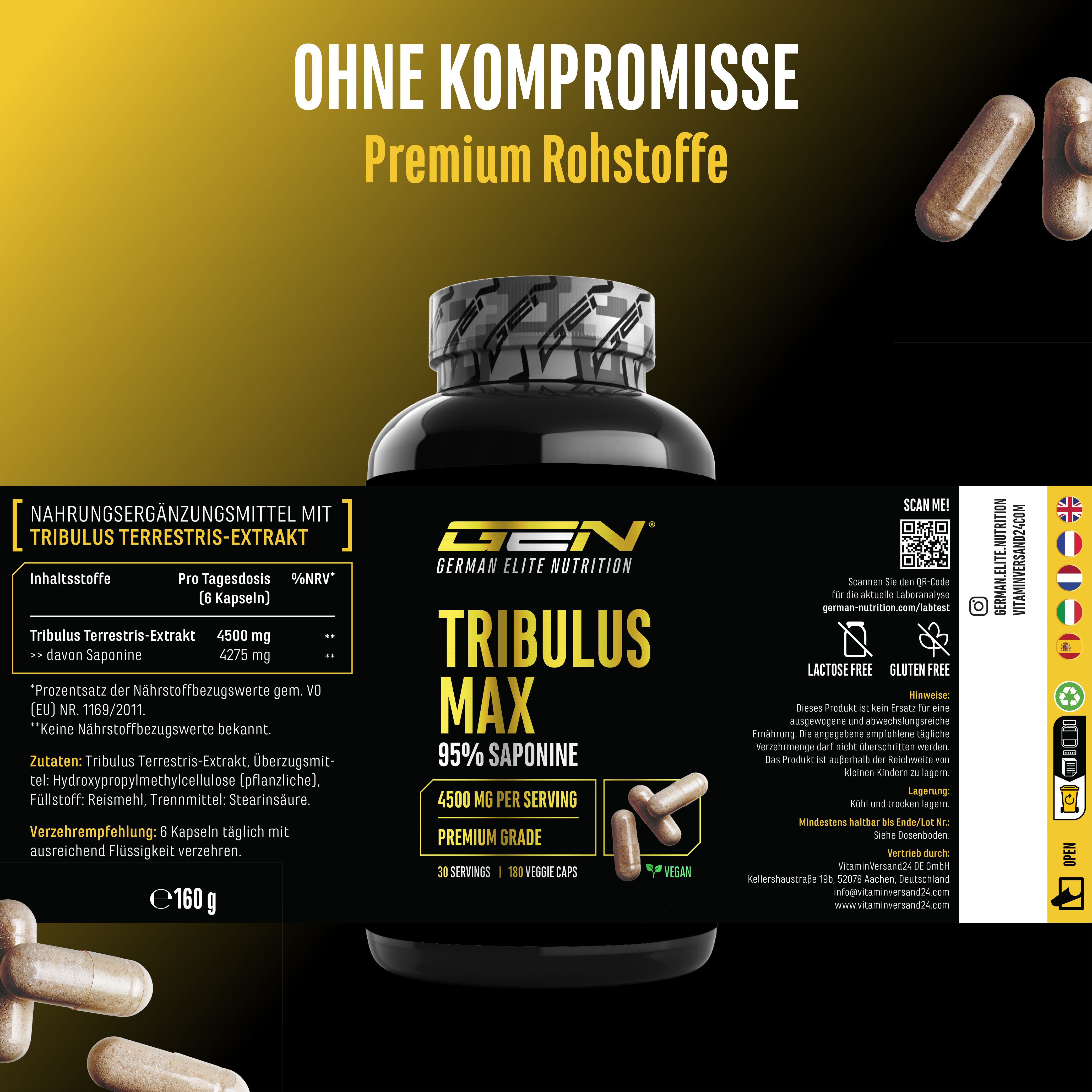 GEN Tribulus Max Flasche mit Kapseln. Enthält 4500 mg pro Portion, 95% Saponine. Enthält auch Informationen über Inhaltsstoffe und Nährwertangaben.