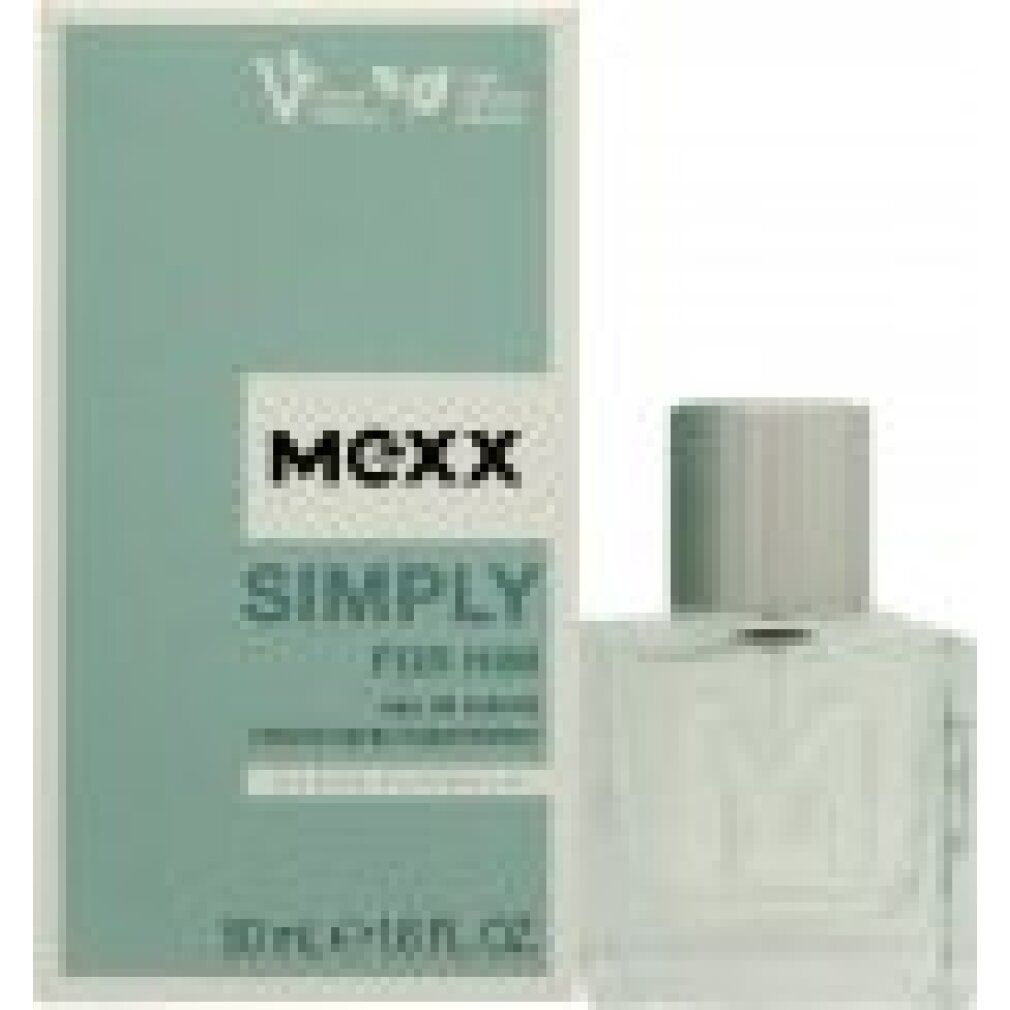 Glasflakon und Verpackung. Aufschrift: MEXX SIMPLY FOR HIM. 50 ml.