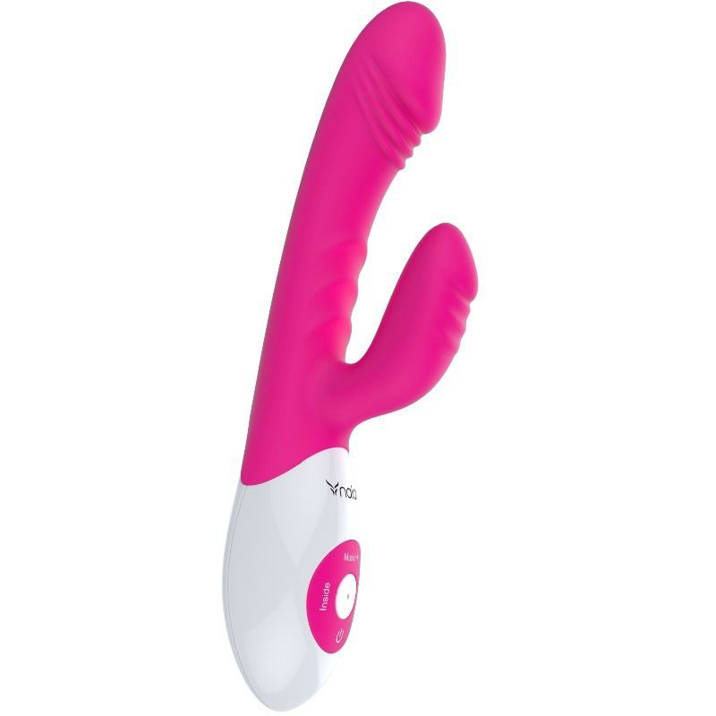 Rosa Vibrator mit weißem Griff. Mit Knöpfen und Logo. Vertikale Ansicht.