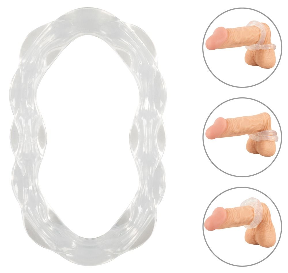 Transparenter Cock-&-Ball-Ring mit Strukturgriff. Drei Ansichten: Ring um Penis und Hoden.