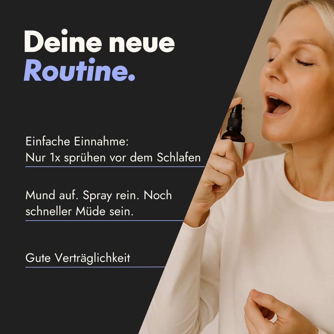 Frau sprüht in den Mund. Text: Einfache Einnahme: Nur 1x sprühen vor dem Schlafen. Gute Verträglichkeit.