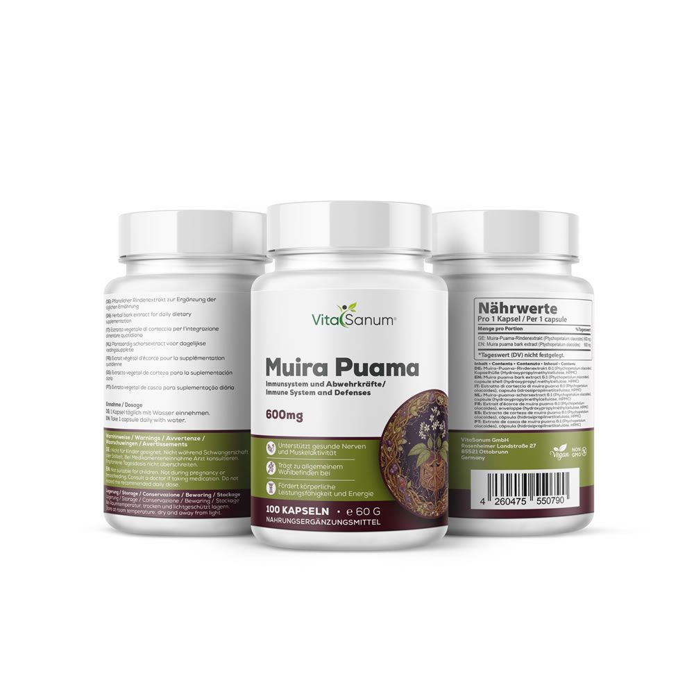 Drei Flaschen VitaSanum® Muira Puama-Kapseln. Weiße Flaschen mit Etiketten. 600mg, 100 Kapseln. Produktinformationen und Logo.