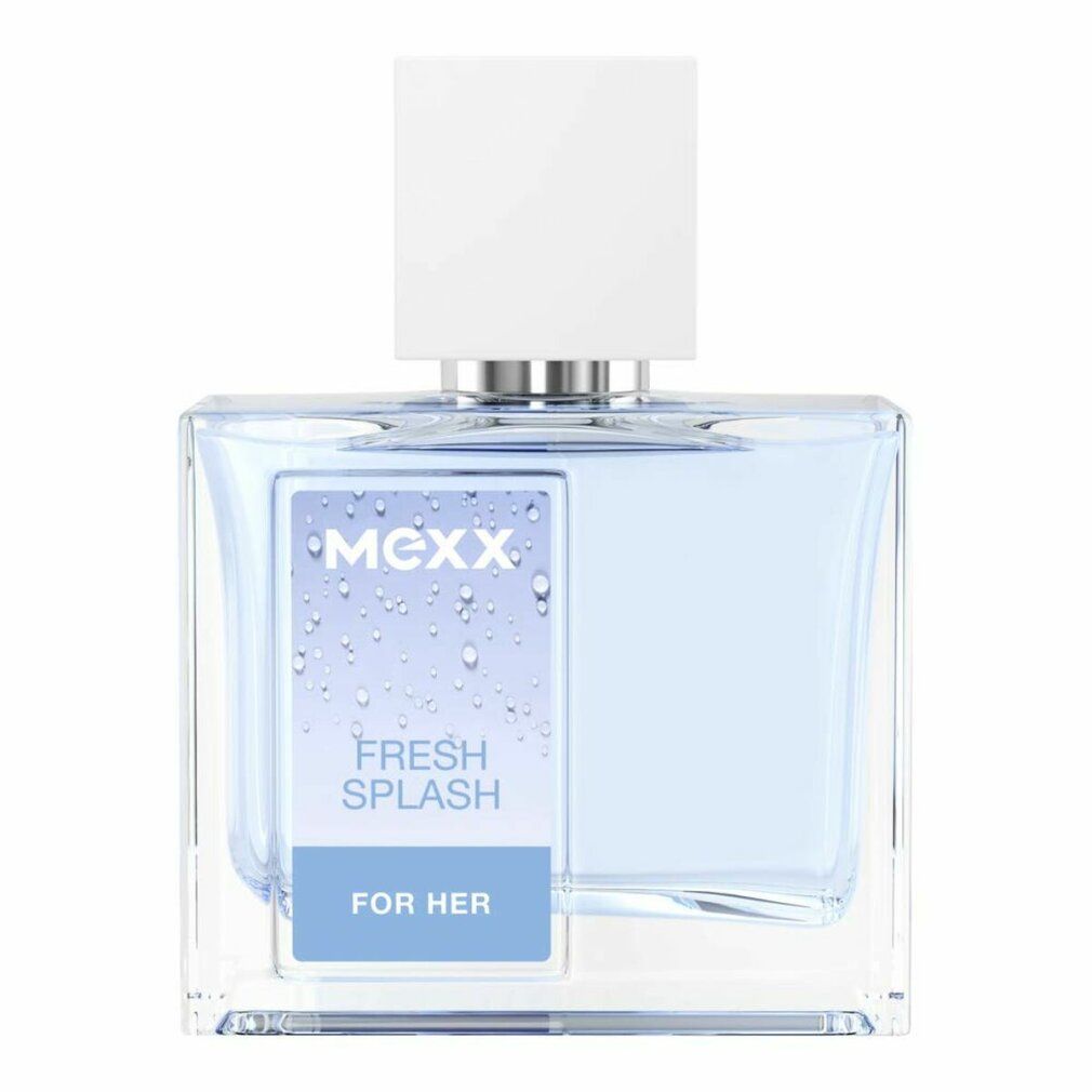 Quadratischer Flakon mit weißem Verschluss. Aufkleber mit "Mexx Fresh Splash For Her".