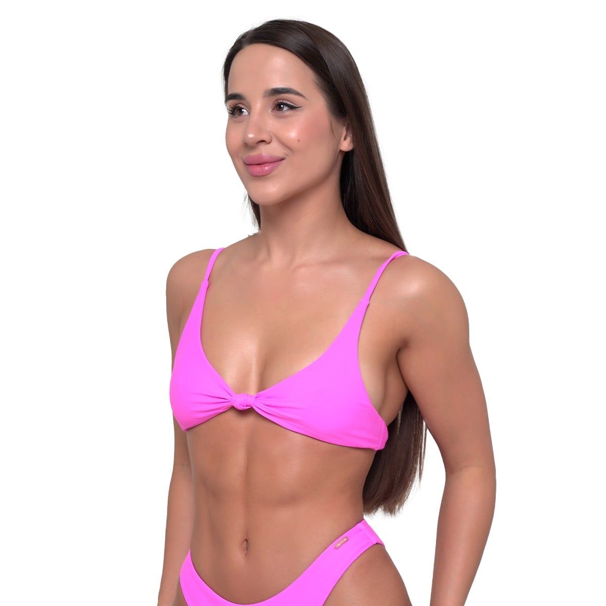 Pinkes Bikini-Oberteil mit Knoten vorne, schmalen Trägern, von der Seite gesehen.