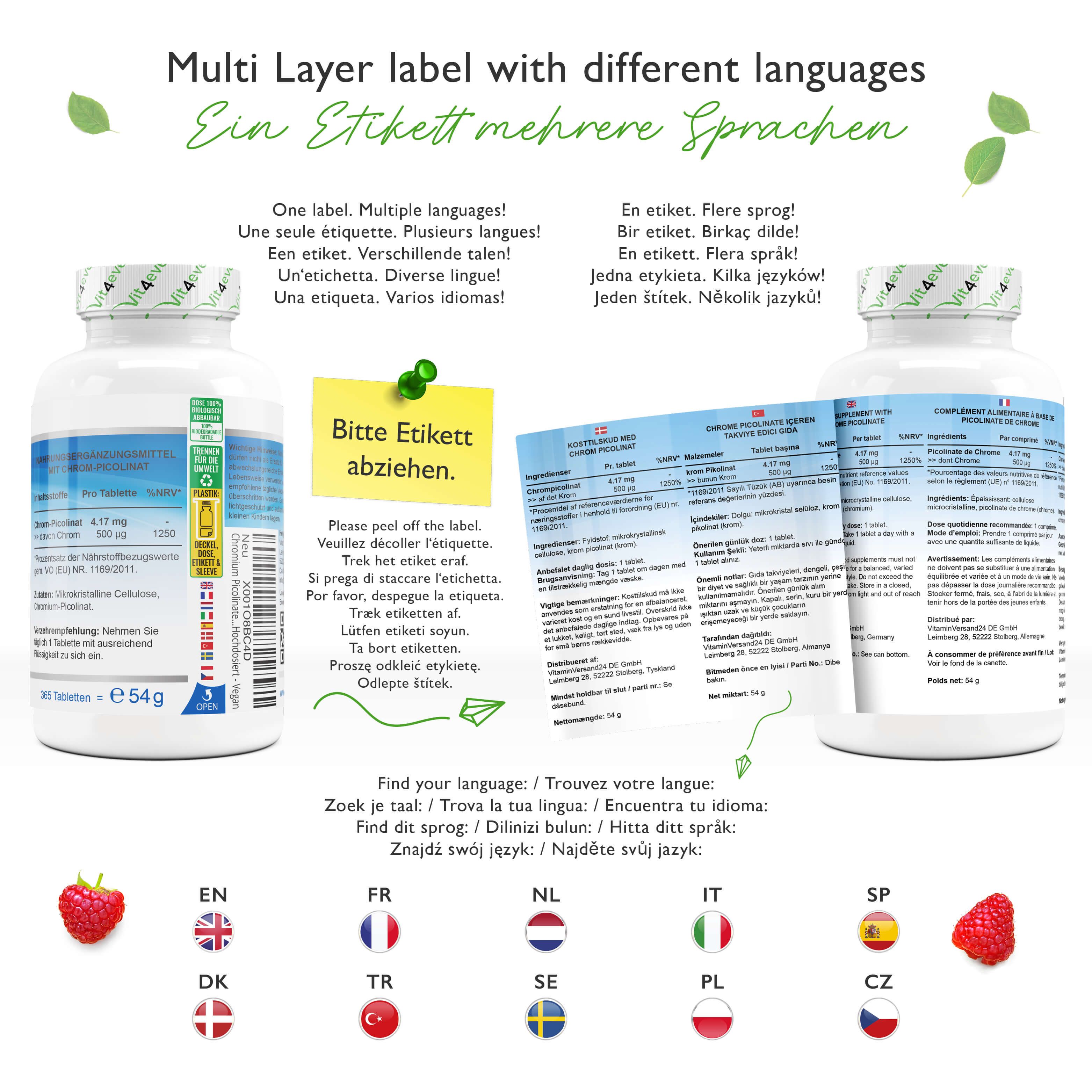 Mehrschichtiges Etikett mit verschiedenen Sprachen. Flasche mit Etikett. Informationen in mehreren Sprachen. Bitte Etikett abziehen.