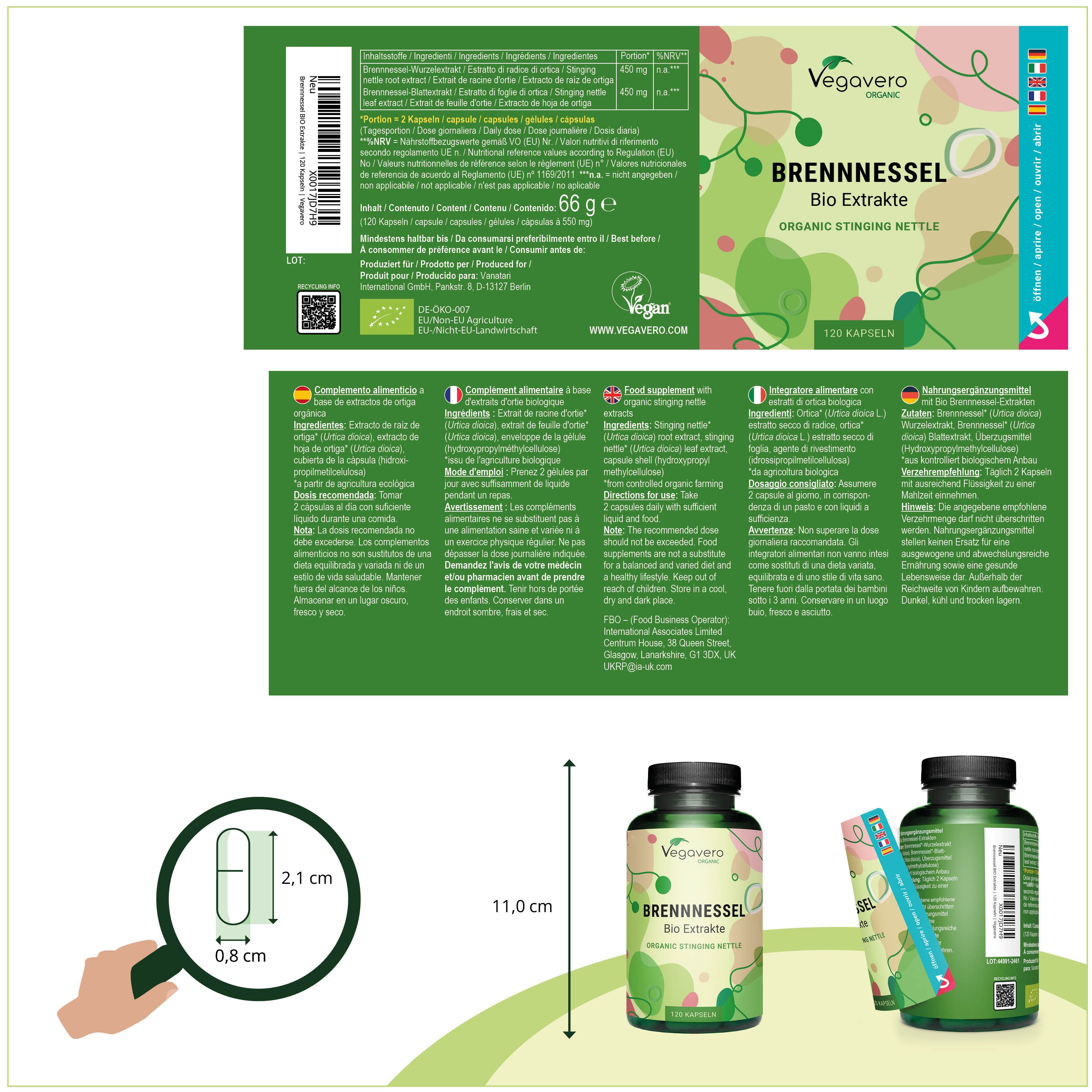 Produktverpackung mit Etikett. Enthält Informationen zu Inhaltsstoffen, Dosierung und Zertifizierungen. Flasche mit Kapseln.