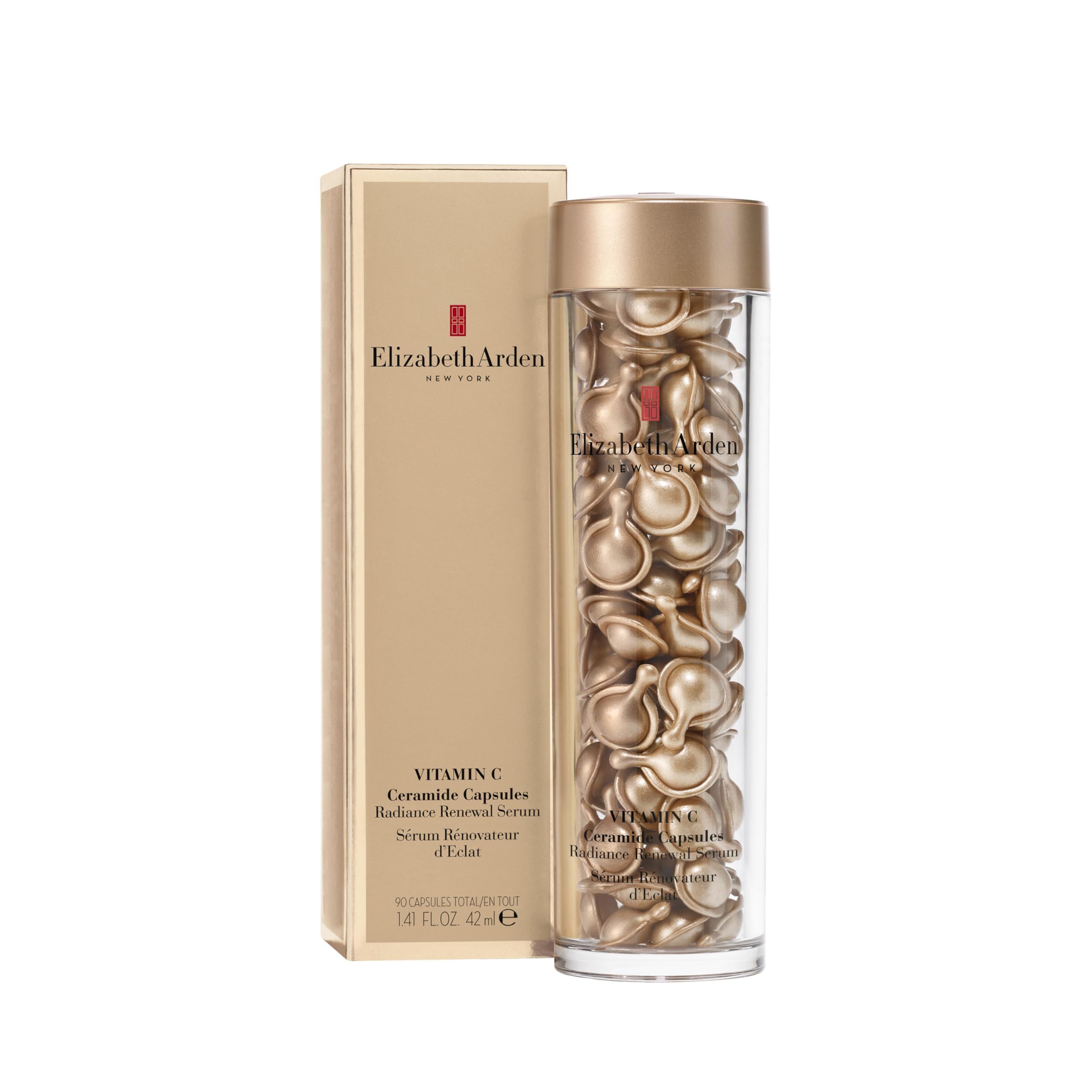 Goldfarbene Kapseln in einer transparenten Flasche mit goldener Kappe und einer goldenen Schachtel. Text: Elizabeth Arden.