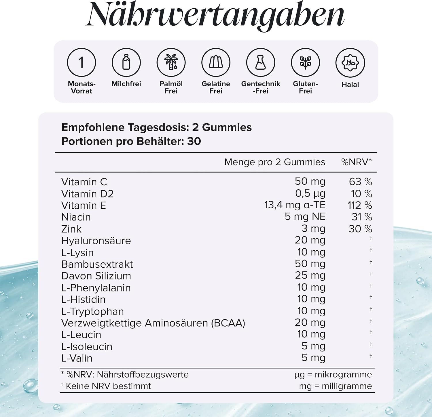 Nährwertangaben für Gummibärchen mit Vitaminen und Aminosäuren.