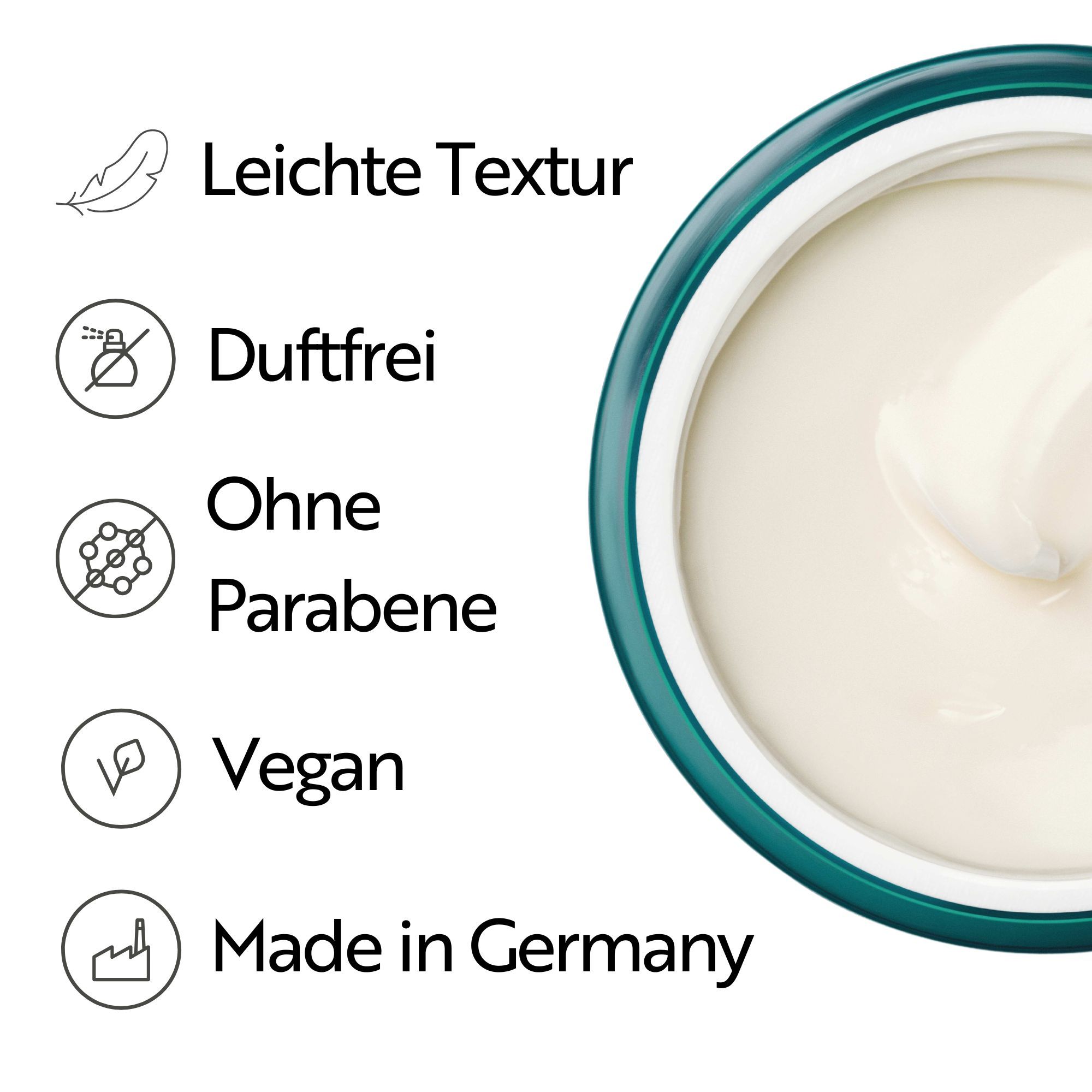 Dose mit Creme. Text: Leichte Textur, Duftfrei, Ohne Parabene, Vegan, Made in Germany. Symbole.
