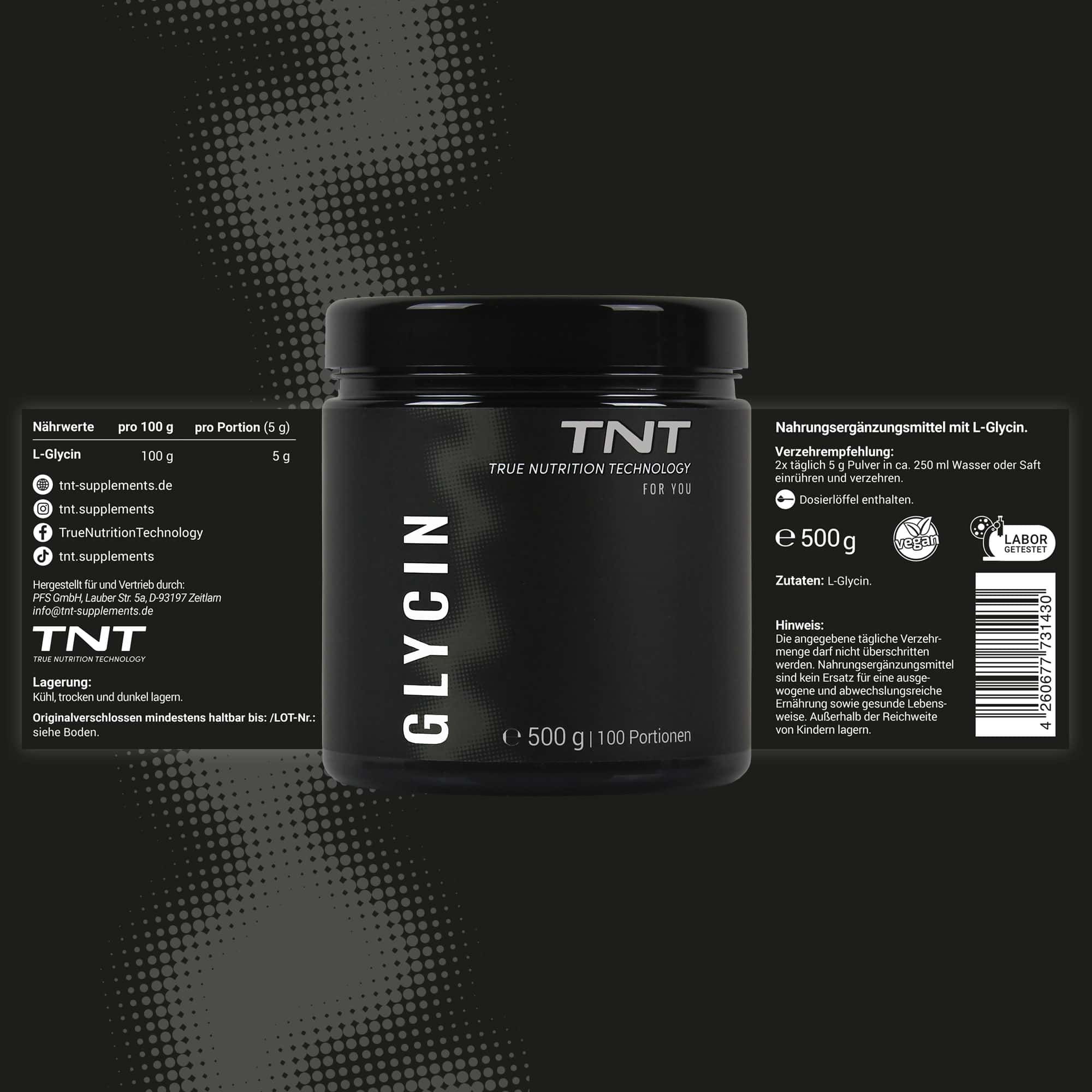 TNT Glycin-Behälter mit Nährwertangaben und Anwendungshinweisen. Enthält 500g, 100 Portionen. Logo: TNT True Nutrition Technology.