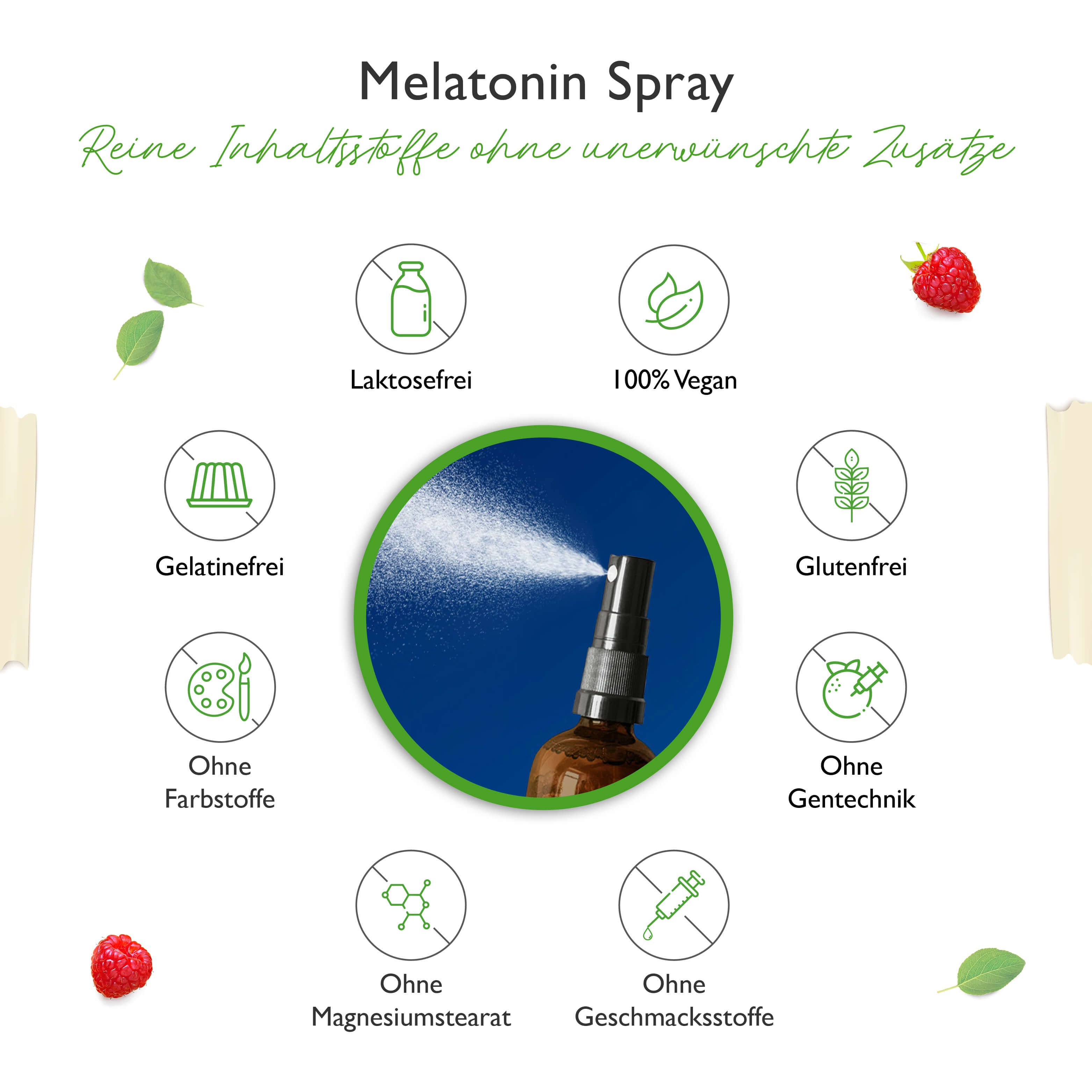 Melatonin Spray mit reinen Inhaltsstoffen. Abgebildet: laktosefrei, vegan, ohne Gelatine, Farbstoffe, Gluten, Gentechnik, Magnesiumstearat, Geschmacksstoffe.