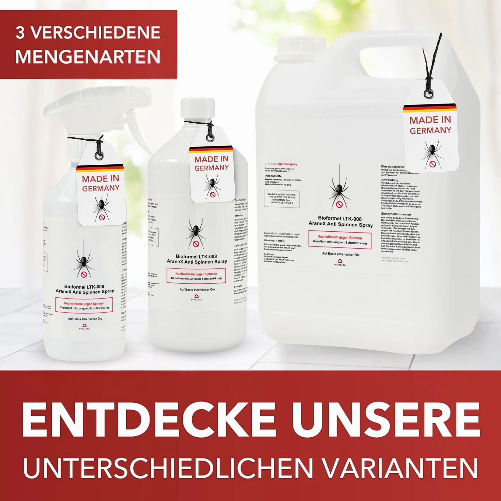 Drei Behälter: Sprühflasche, Flasche, Kanister. Alle mit Etikett und Spinnen-Symbol. Text: "Bioformel LTK-008 AraneX Anti Spinnen Spray".
