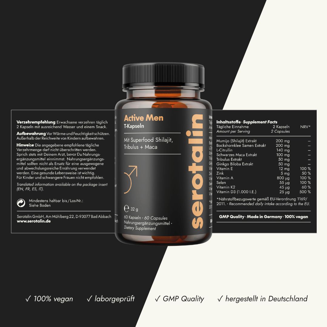 Produktflasche und Verpackung mit Text und Inhaltsstoffen. Text: Active Men T-Kapseln, 100% vegan, GMP Quality, hergestellt in Deutschland.