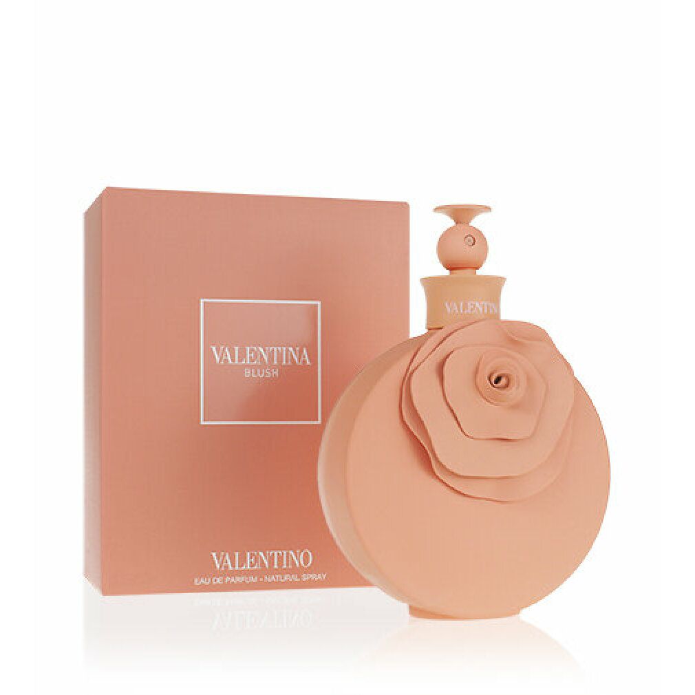 Valentino Valentina Blush Eau de Parfum Spray. Flasche und Schachtel. Flasche rund mit Rosendesign. Rosa Farbton.