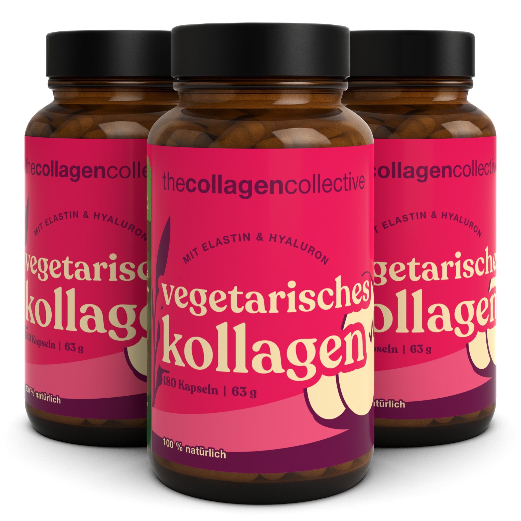 Drei braune Flaschen mit schwarzen Deckeln. Auf den Etiketten steht "Vegetarisches Kollagen" und "thecollagencollective".