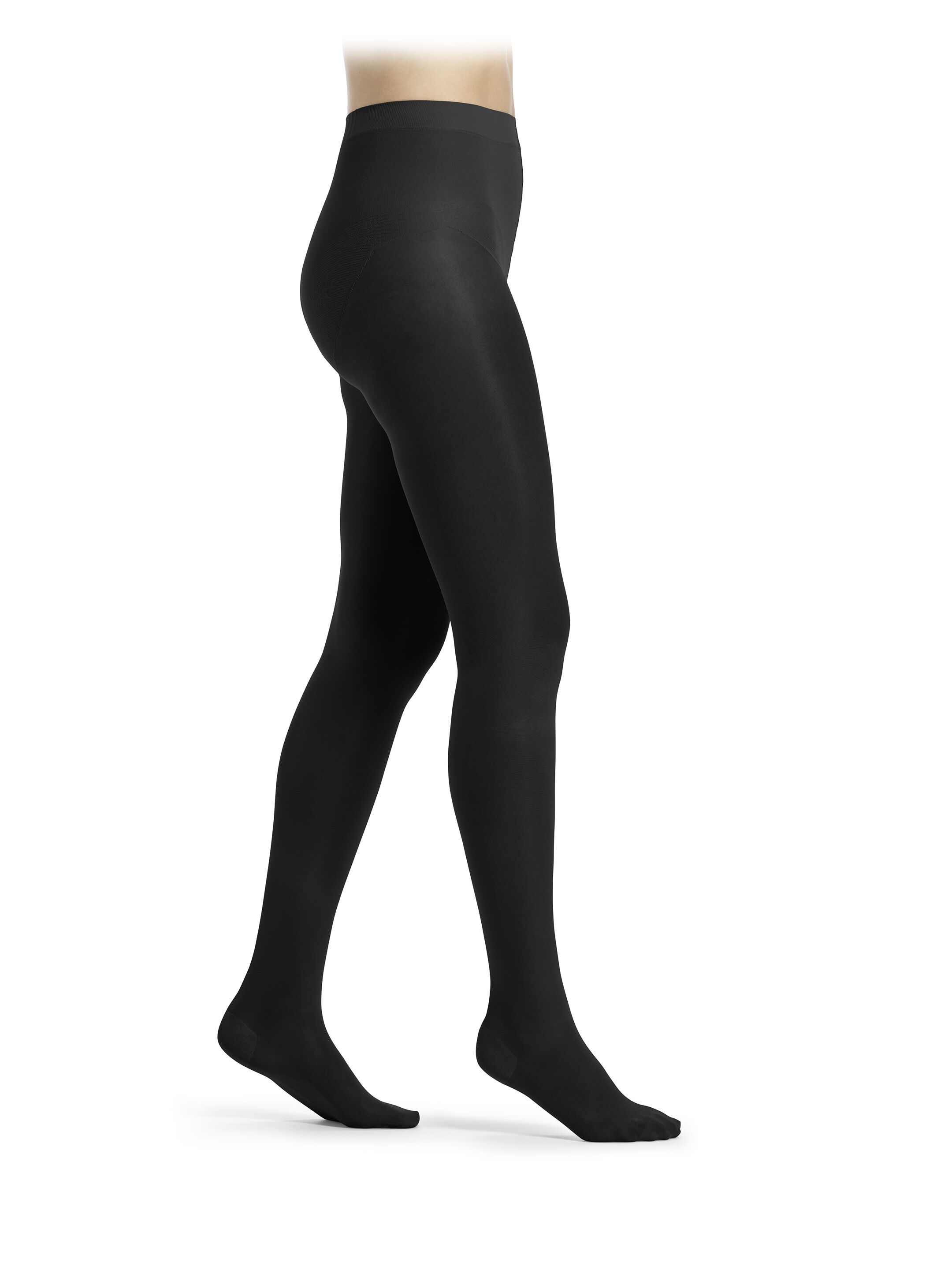 Schwarze Kompressionsstrumpfhose. Blick von der Seite auf eine Person, die die Strumpfhose trägt. Das Produkt bedeckt die Beine.