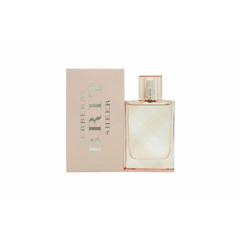 Burberry Brit Sheer Eau de Toilette Spray für Damen. Rosa Kartonverpackung und Glasflasche mit silbernem Verschluss.