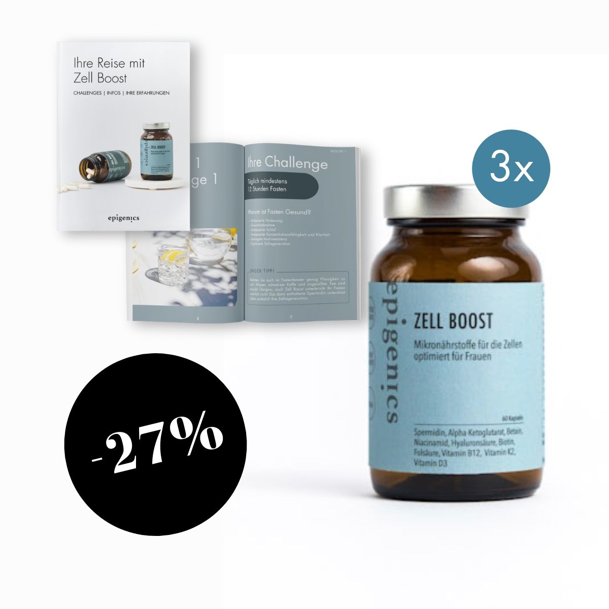 Flasche Zell Boost Mikronährstoffe, daneben Broschüren und ein Rabatt von 27%.