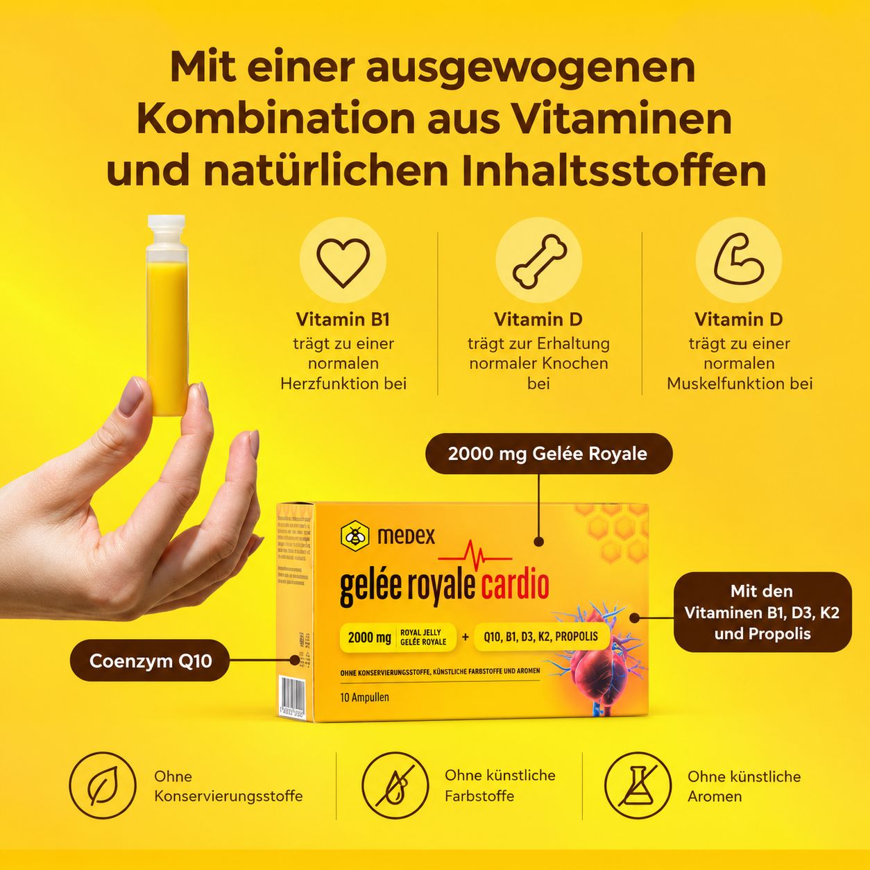 Hand hält Medex Gelée Royale Cardio Ampulle. Packung mit Vitaminen und Coenzym Q10.