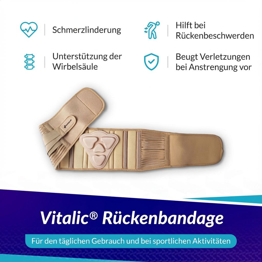 Produktabbildung: Rückenbandage mit Text und Icons. Für täglichen Gebrauch.