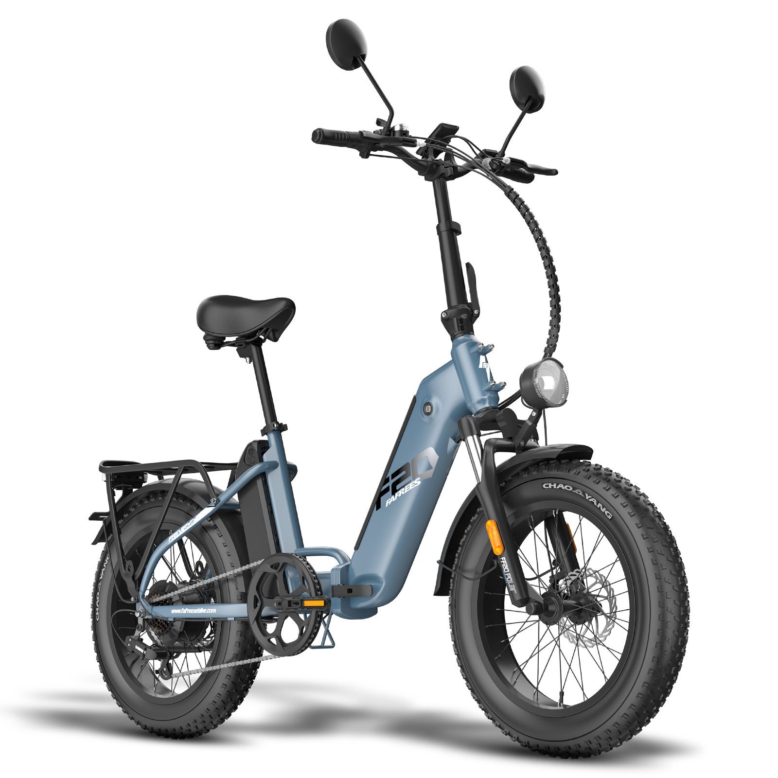 Blaues Fafrees FF20 Polar E-Bike mit Doppelladung. Schwarze Reifen, Sattel und Gepäckträger. Frontscheinwerfer.