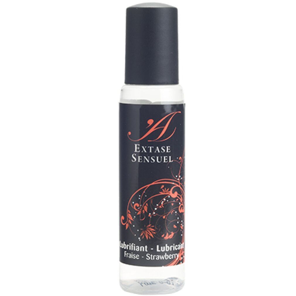 Zylindrische Flasche mit schwarzem Deckel. Aufschrift: Extase Sensuel, Lubricant Fraise-Strawberry.
