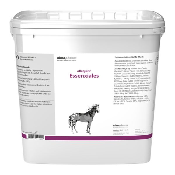Weißer Eimer mit Deckel. Aufschrift: allequin Essenxiales. Logo: stilisiertes Pferd. Lila Streifen mit Text. Klinische Diätetik.