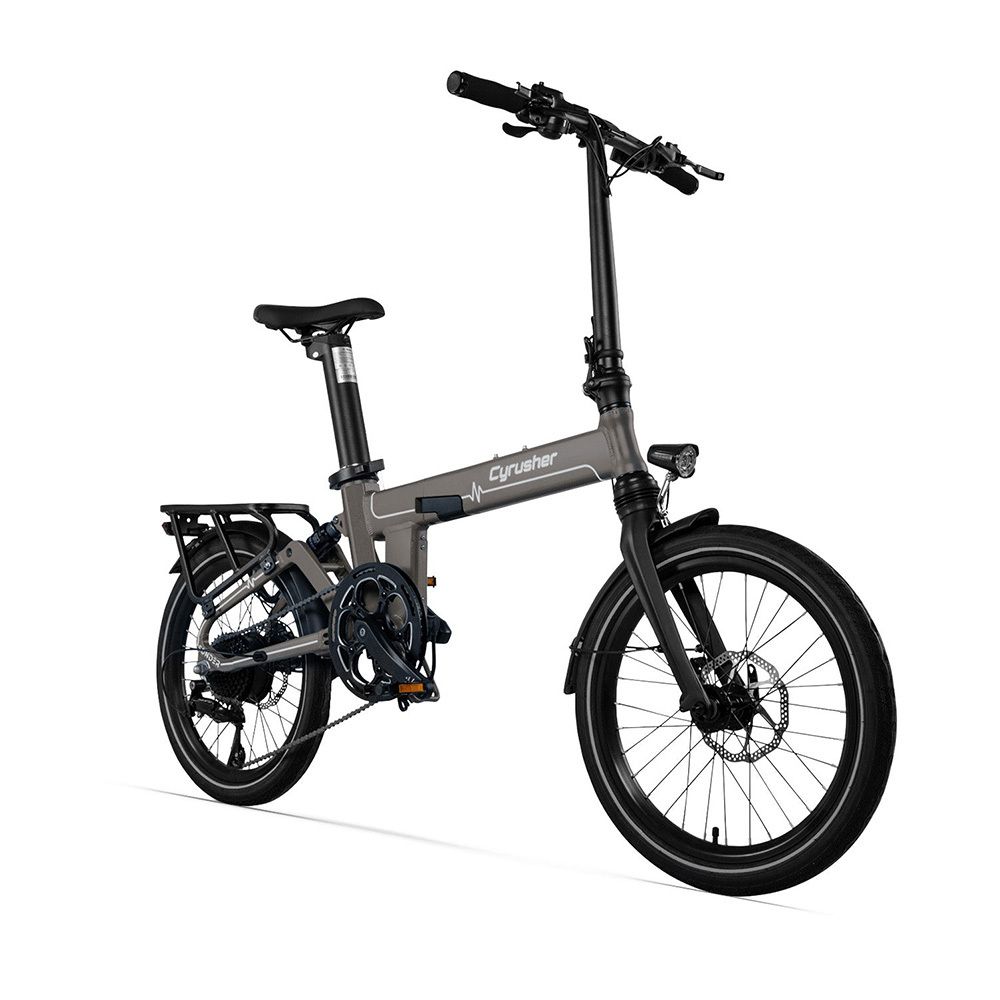 Faltbares E-Bike, grau. Schwarze Reifen, Gepäckträger, Schutzbleche. Marke CYRUSHER.