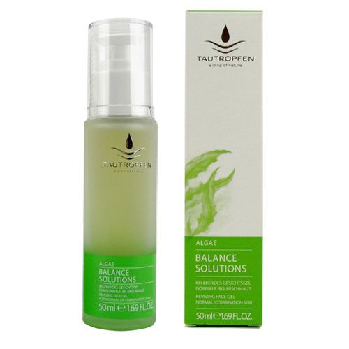 Gesichtsgel-Flasche und Schachtel. Aufschrift: Tautropfen, Algae Balance Solutions. 50ml.