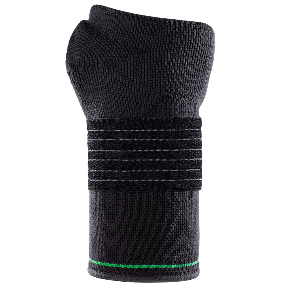 Schwarze Handgelenkbandage mit geripptem Bereich und grünen Akzenten am unteren Rand.