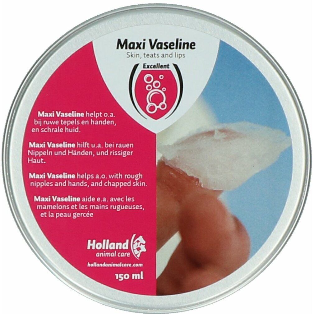 Runde Blechdose mit Maxi Vaseline. Aufschrift: Haut, Zitzen und Lippen. Rosa und blaue Segmente mit Text in mehreren Sprachen.